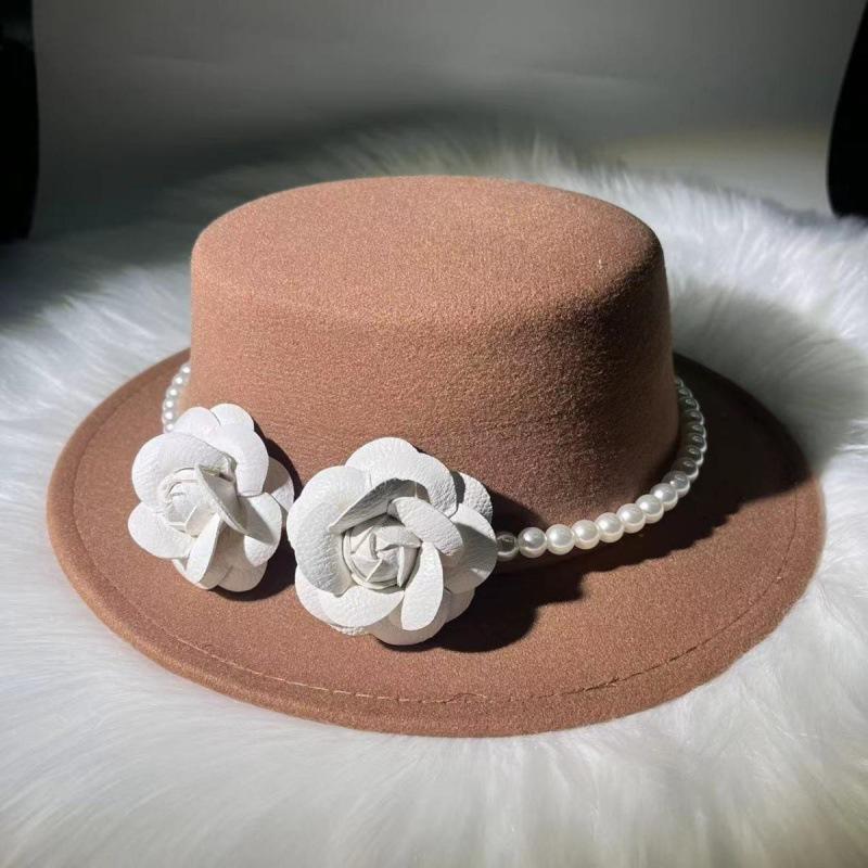 French Retro Pearl Flower Wool Flat Top Top Top Hat Autumn and Winter Small Fragrant Wind Big Brim Street Shot British Woolen Hat