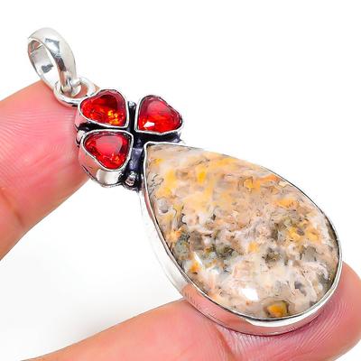 Natural Leopard Skin, Garnet Gemstone 925 Sterling Silver Pendant 2.21" u1J68