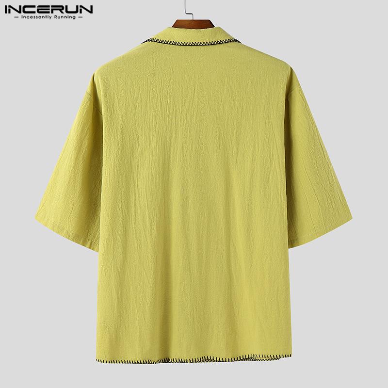 INCERUN Cămăși de vară pentru bărbați cu mânecă scurtă, cusături casual, vintage, din bumbac