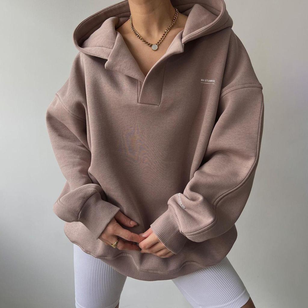 Damen Langarm Kapuzenpullover V-Ausschnitt Lockere Pullover Damen Tops Einfarbig Sweatshirts