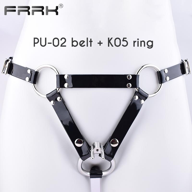 FRRK PU pásový postroj pro hráče BDSM Metal Chastity Cage v různých velikostech Sexy dospělí Intimní produkty Sexuální hračky Bondage