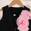 Mädchen Sommer Outfit Satin Floral Schwarz Ärmelloses Top + Rosa Faltenrock College Stil
