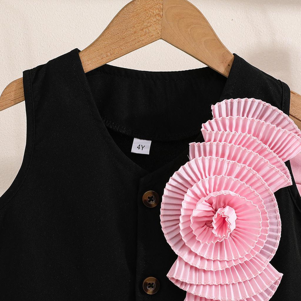 Mädchen Sommer Outfit Satin Floral Schwarz Ärmelloses Top + Rosa Faltenrock College Stil