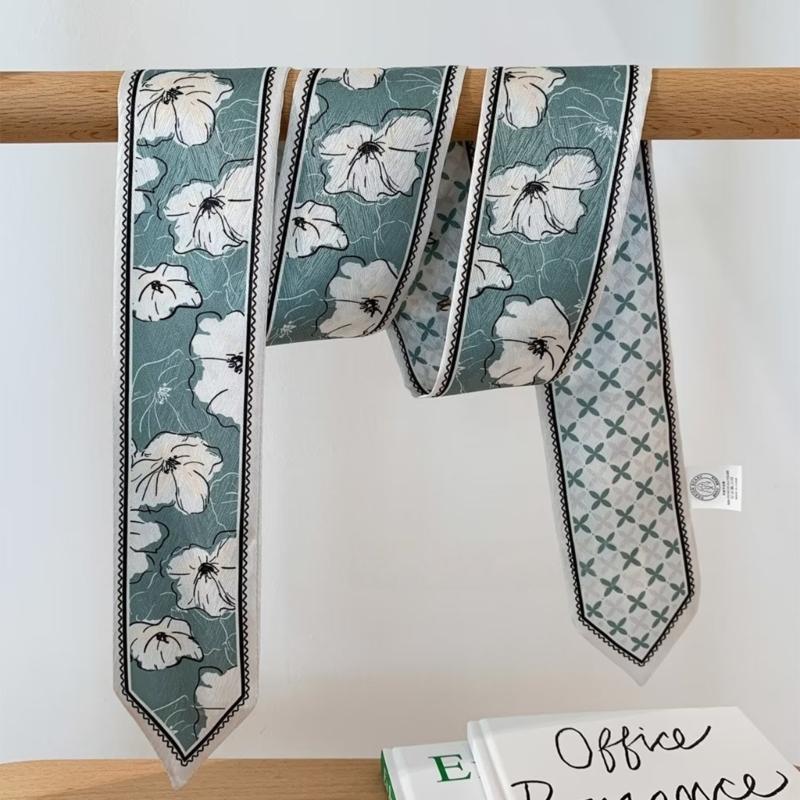 Soft Twill Satined Flower Pattern Neck Scarf Elegant Long Scarf Bag and Hair Tie for Stylish Women Daily Wear