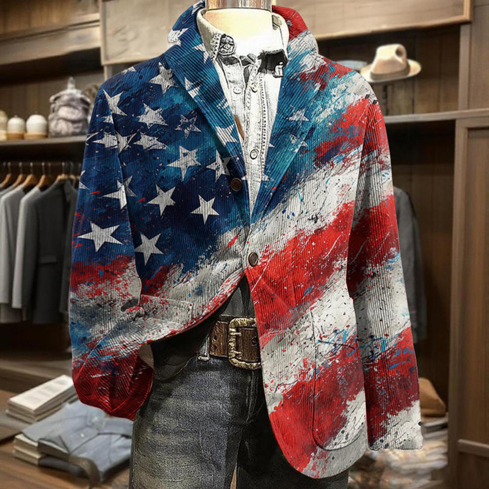 

Men’s Corduroy Blazer with Abstract Independence Day Inspired Print Business Casual Fit Two Button Closure Notched Lapel Design XL кавун червоний колір