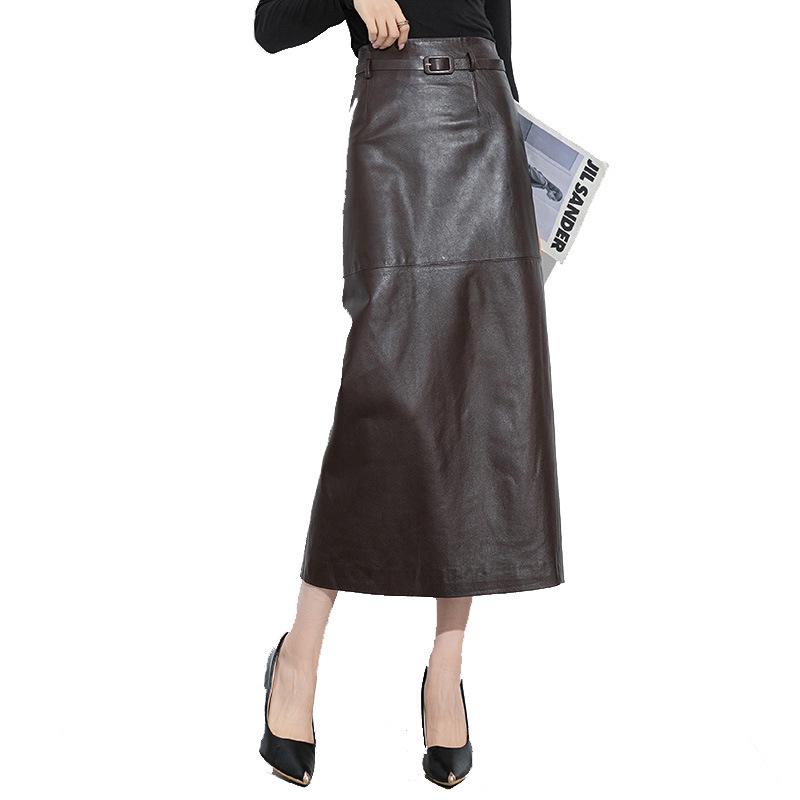Women's Korean Style Lambskin Midi Skirt with Back Slit - Genuine Leather, Versatile, Hip-Hugging, One-Piece Long Skirt for Spring and Autumn.