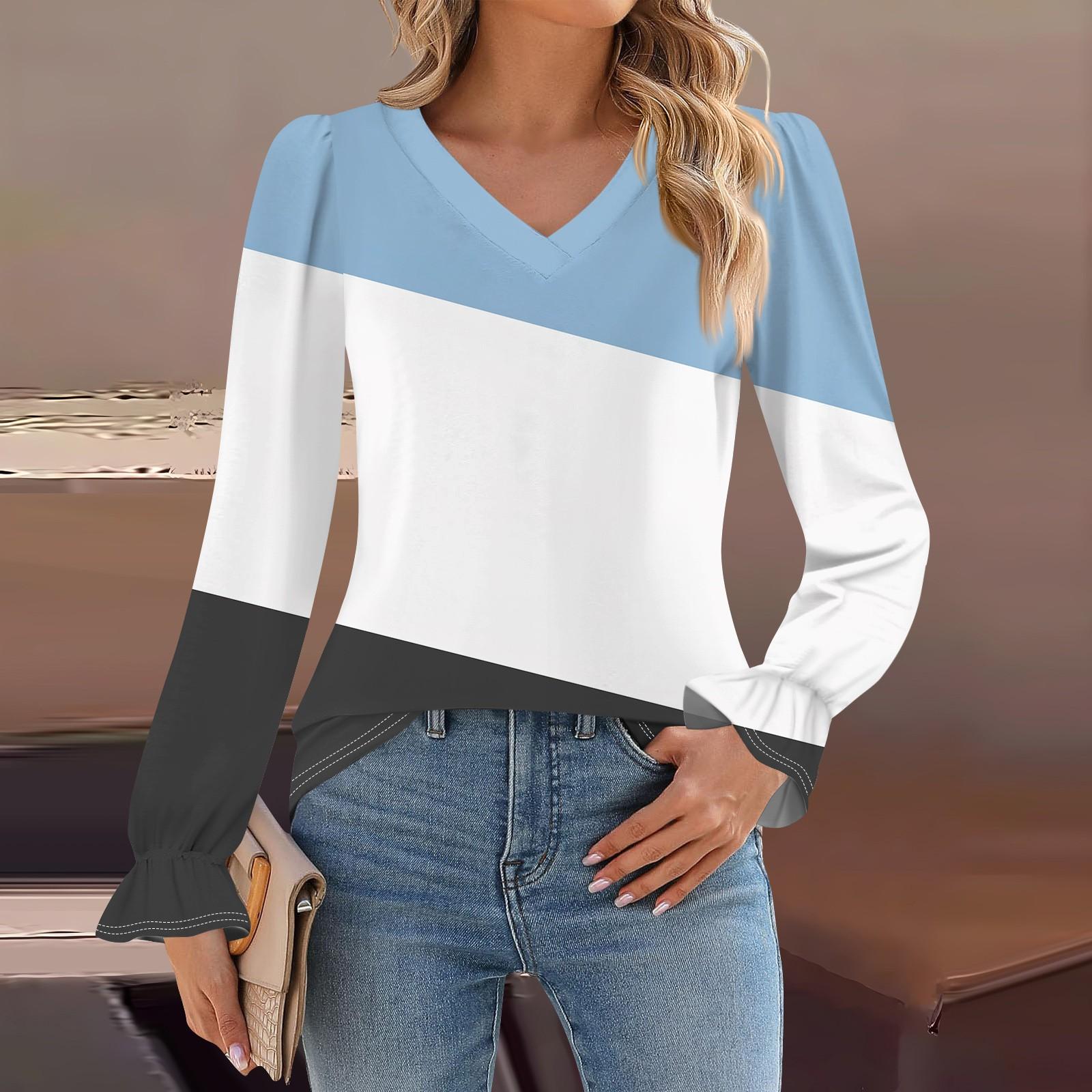 

Женская мода повседневная блузка с длинным рукавом и принтом, V-образным вырезом, рукавом-трубой M белый