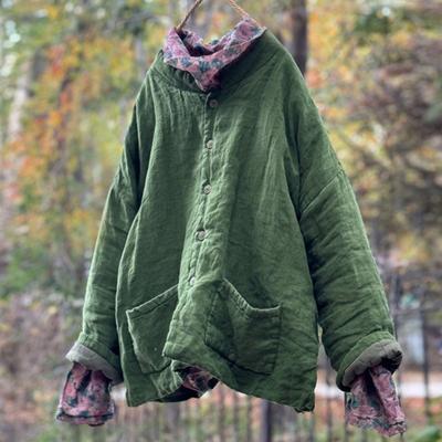 Damen Chinesische Einfarbig Wintermäntel Knopf Taschen Warm Vintage Damen Stehmäntel