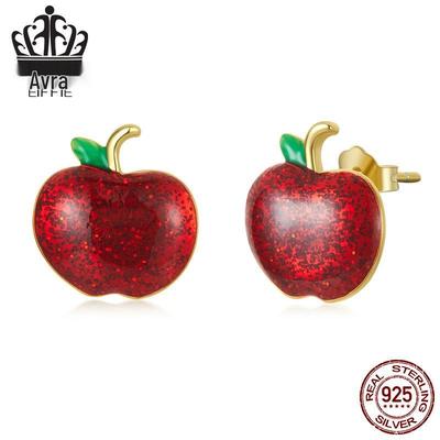 Bishal Fashion Minimalist Sterling Silver Red Enamel Apple Stud Earrings S925 - Christmas Holiday Jewelry