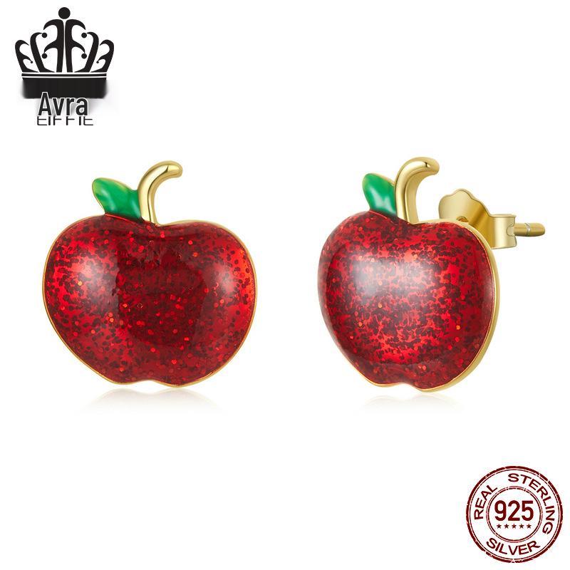 

Everly Fashion Sterling Silver Apple Stud Earrings: Minimalist Red Enamel Christmas Fruit Holiday Jewelry 925 Silver