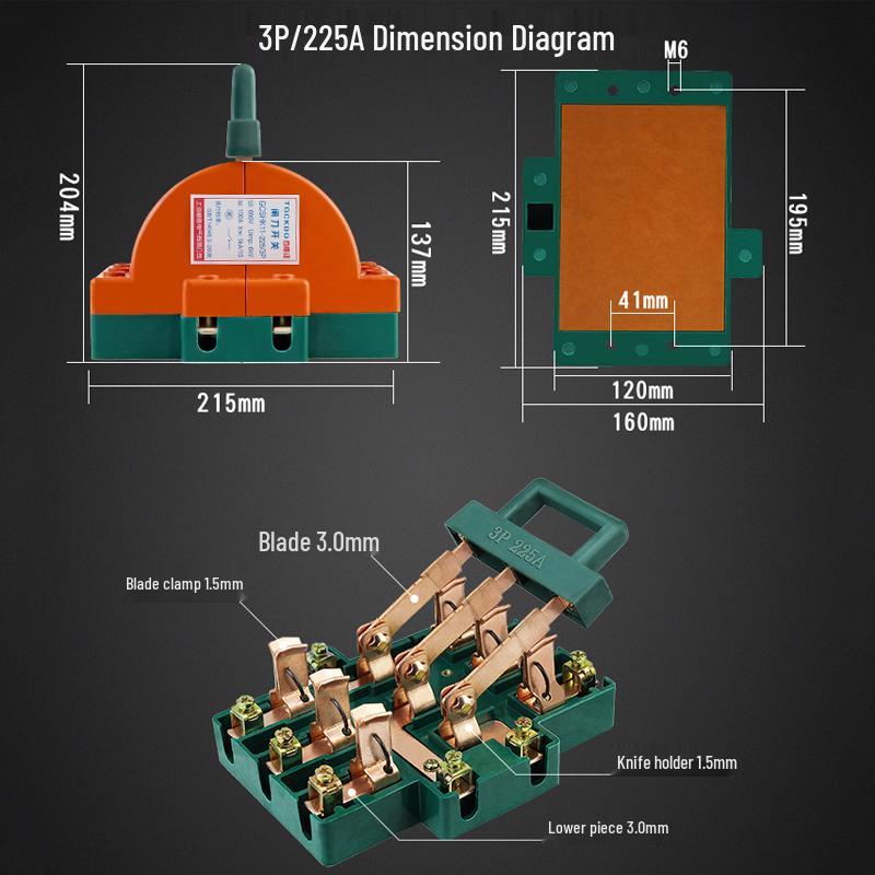 3P 63A Double-Pole Double-Throw Reversing Knife Switch, 100A Three-Phase, Dual Power Transfer