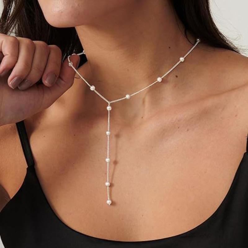 Bohemian White Imitation Pearl Y-Shaped Long Tassel Pendant Necklaces for Women Elegant Adjustable Chokers Chain Wedding Jewelry