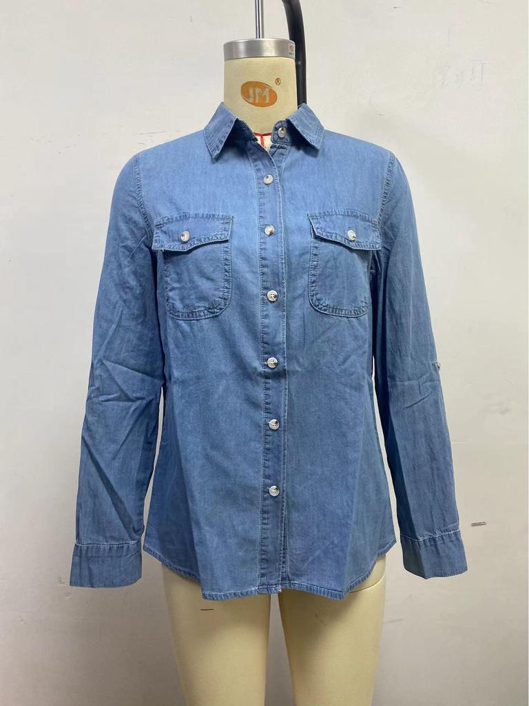 Women's Long-Sleeve Denim Shirt - Casual European & American Style, Autumn, Lapel, Single-Breasted