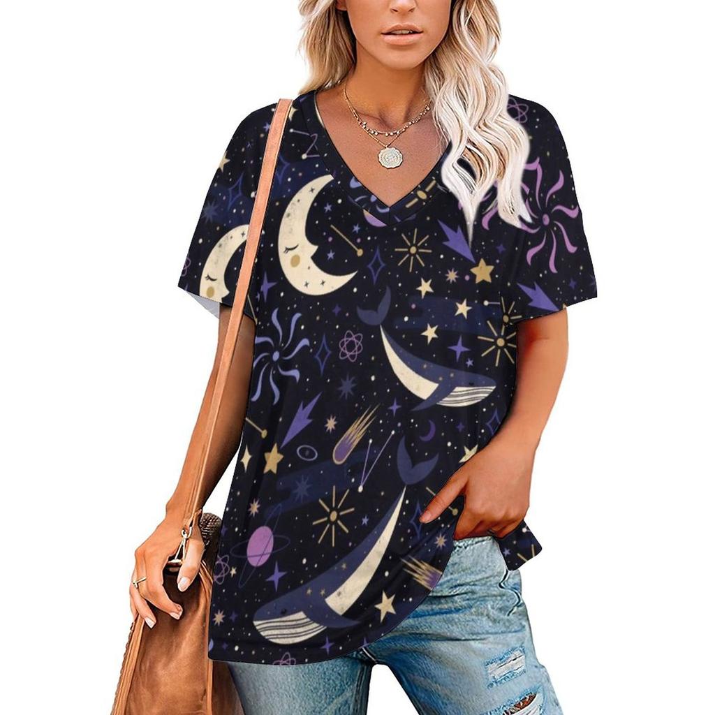 Vintage Moon T-Shirt Tarot Art Collage Retro T Shirts V Neck Short-Sleeve Printed Tshirt Women Classic Top Tees Big Size 3XL 4XL