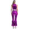 Women Shiny Metallic 70s Disco Costume Lapel Collar Sleeveless High Waist Flared Jumpsuit Disco Dance Outfit