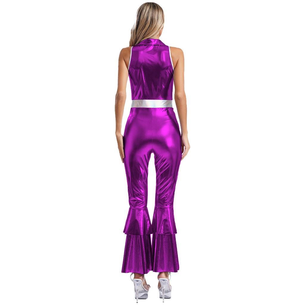 Women Shiny Metallic 70s Disco Costume Lapel Collar Sleeveless High Waist Flared Jumpsuit Disco Dance Outfit