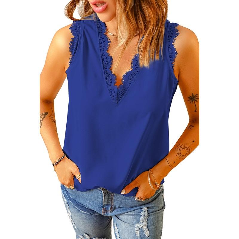 Women's V Neck Sleeveless Tank Top Loose Lace Trim Solid Color Casual Camisole