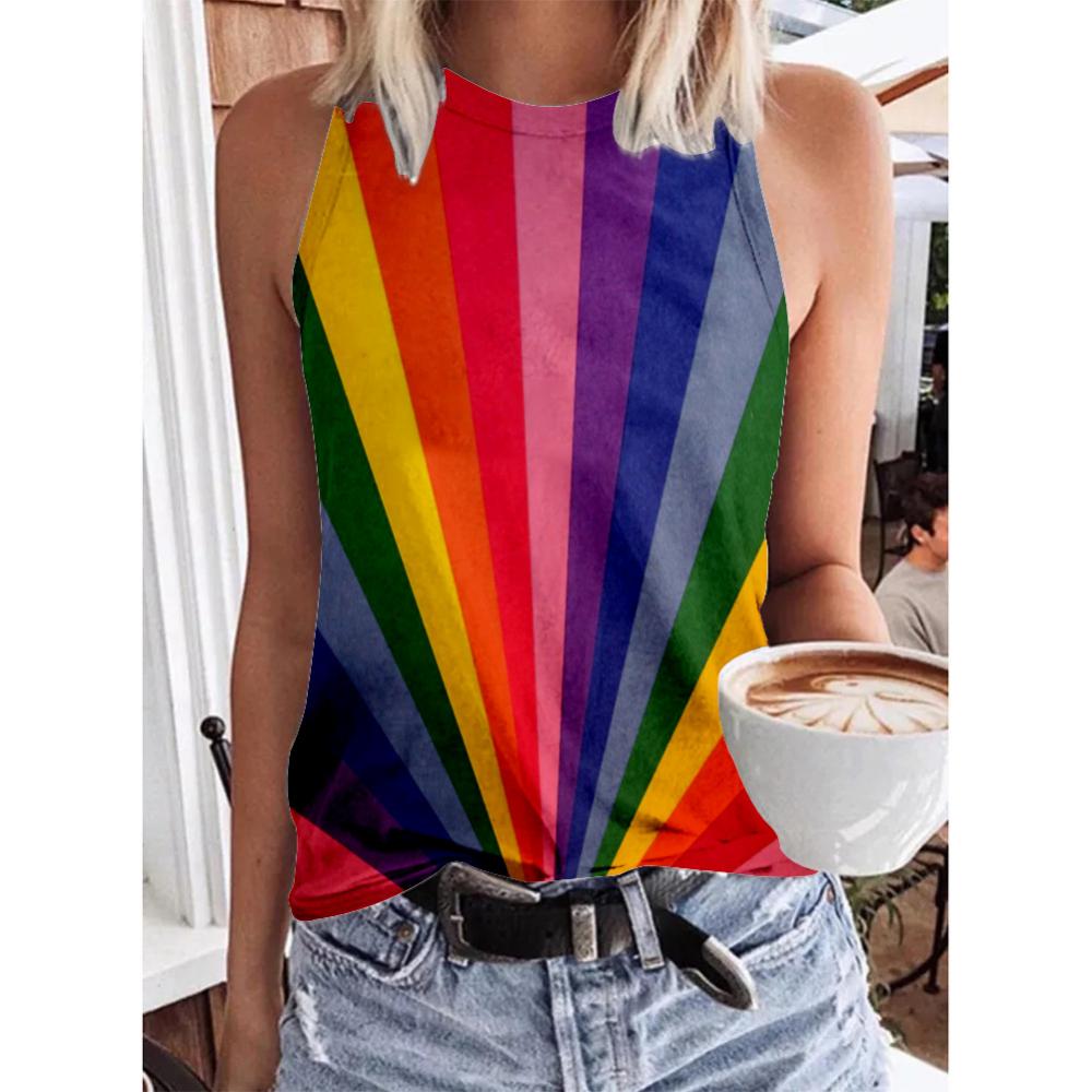 Fashion Geometric Rainbow 3D Print Tank Tops Summer Women O-Neck Casual Vest Off Shoulder Y2k Sleeveless Camisole Woman Clothing