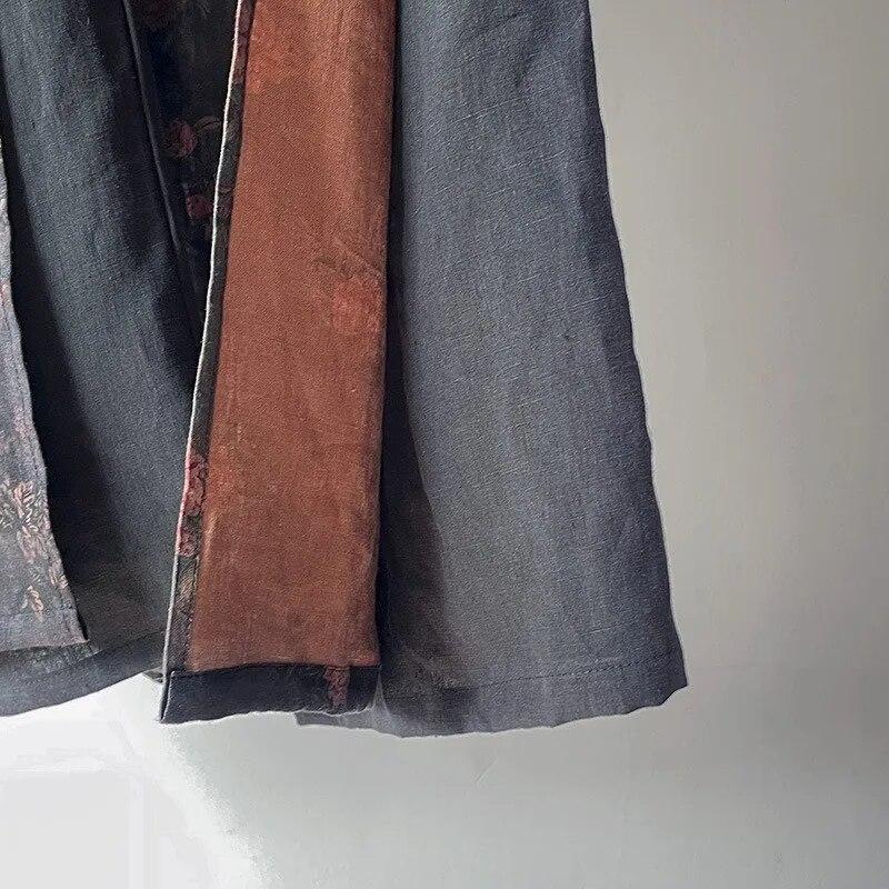 Johnature Women Vintage Linen Patchwork Print Floral A-Line Skirts Elastic Waist Clothes Autumn Chinese Style Skirts