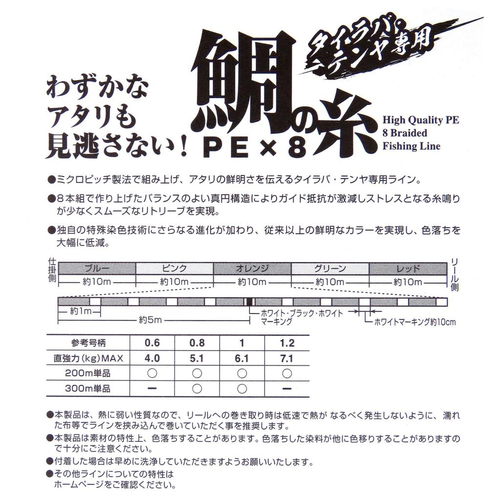 SUNLINE PE Line Tai no Ito x8 200m 8 strands 5 color coding 1.2 7.1kg