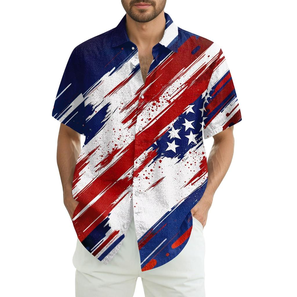 Camisa Casual de Manga Corta con Estampado del Día de la Independencia para Hombre