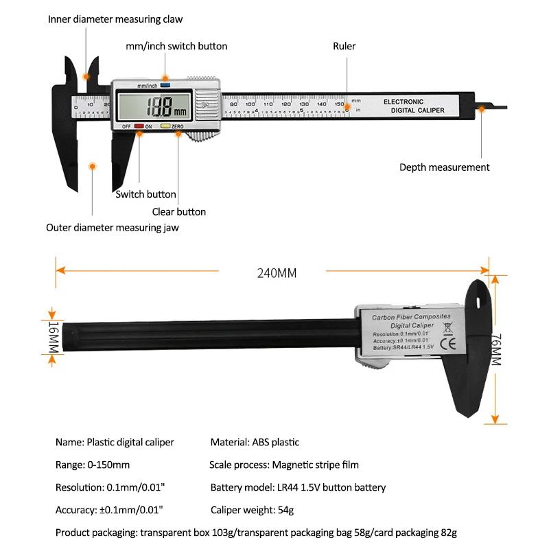 Carbon Fibre Vernier Calipers 0-150mm Accuracy 0.1 Electronic Digital Caliper Plastic Gauge Micrometer Ruler Measuring Tools
