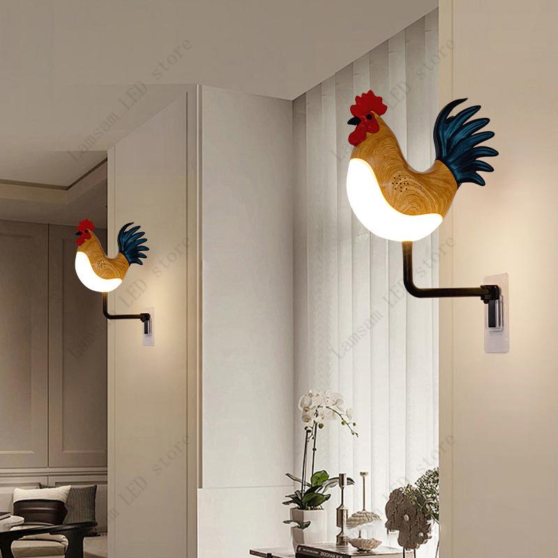 LED Rooster Wall Light USB Rechargeable Cordless Cock Lamp Decorative Animal Lightings for Corridor Living Room Foyer Bedroom