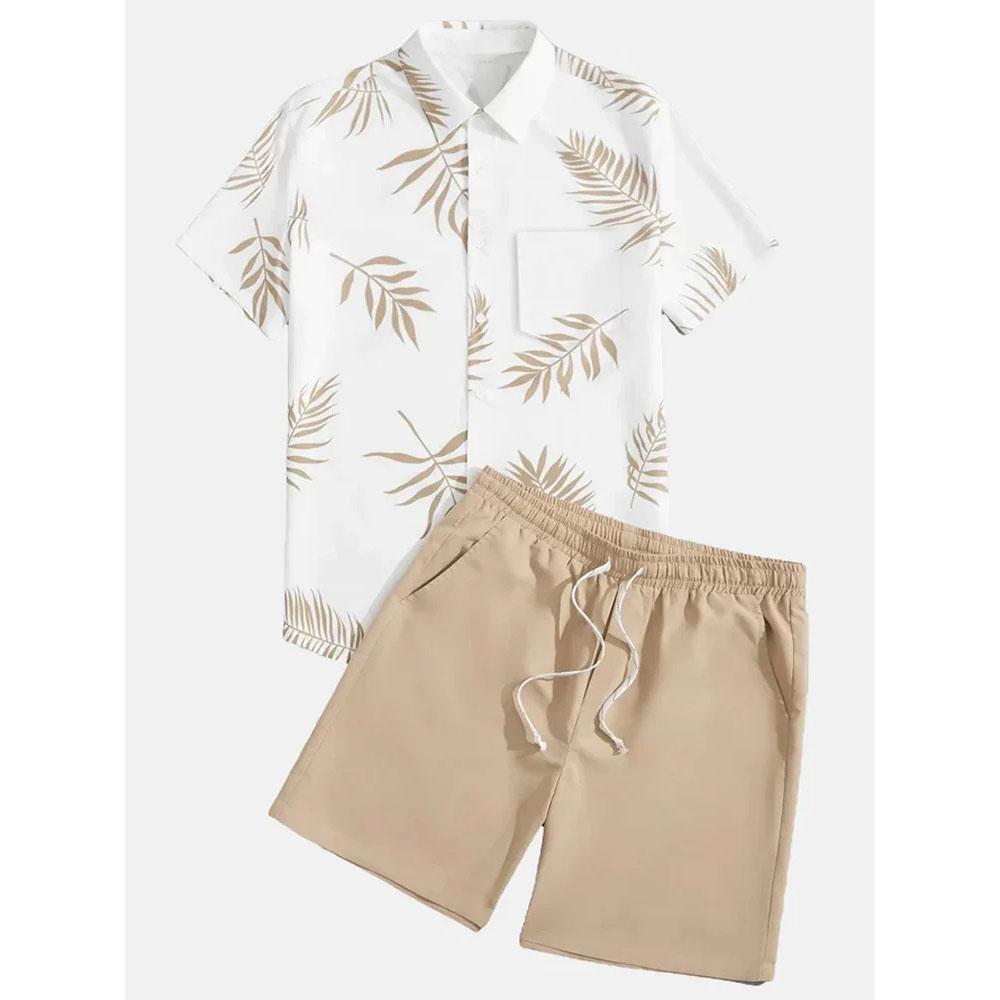 Herren Freizeitshirt mit Palmenblattdruck Hawaiianische Herren Outdoor-Badeshorts Sommer Alltags-Herren Kurzarmhemd und Shorts Set