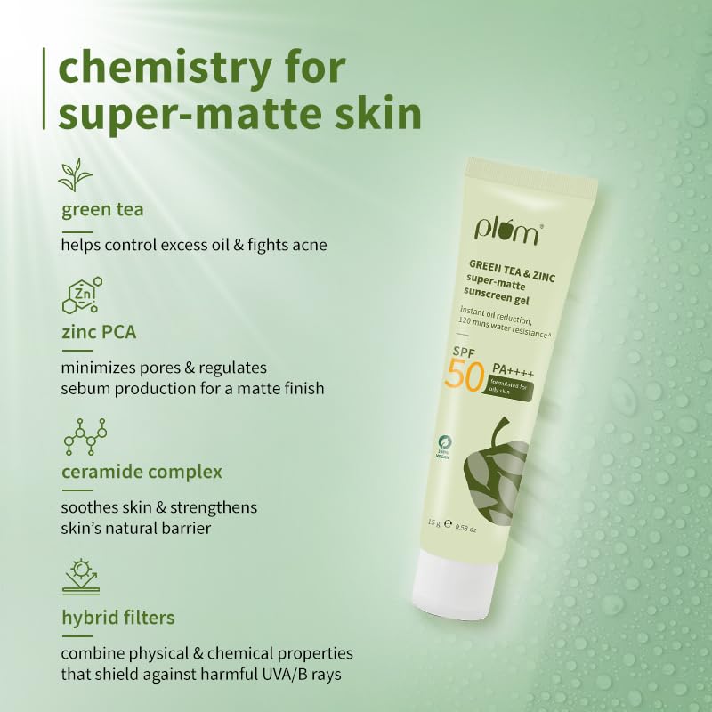 Plum Green Tea & Zinc Super-Matte Gel Sunscreen SPF 50 PA++++ 15g Pack for Oily & Acne-Prone Skin