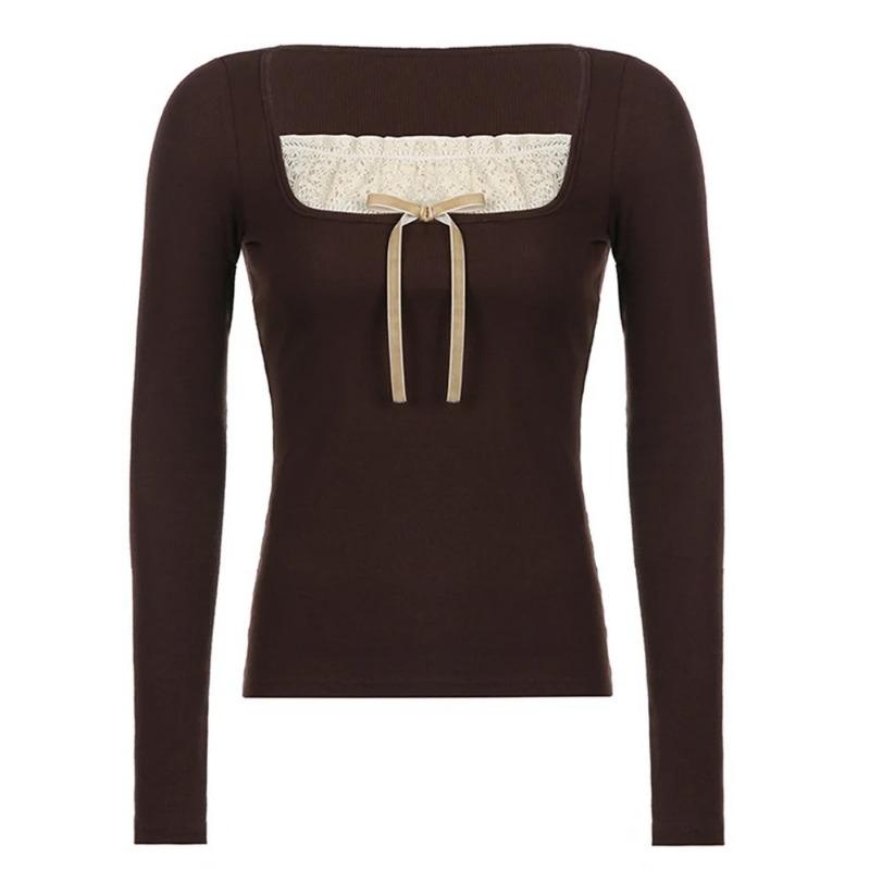 

Y2k женские трикотажные топы с длинным рукавом, кружевная отделка, вырез, трикотаж, бант, облегающая футболка, пуловеры, клубная одежда S коричневый