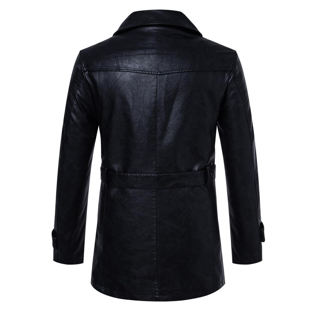 Men's medium and long leather trench coat Korean version suit collar leather jacket casual trend belt jacket men