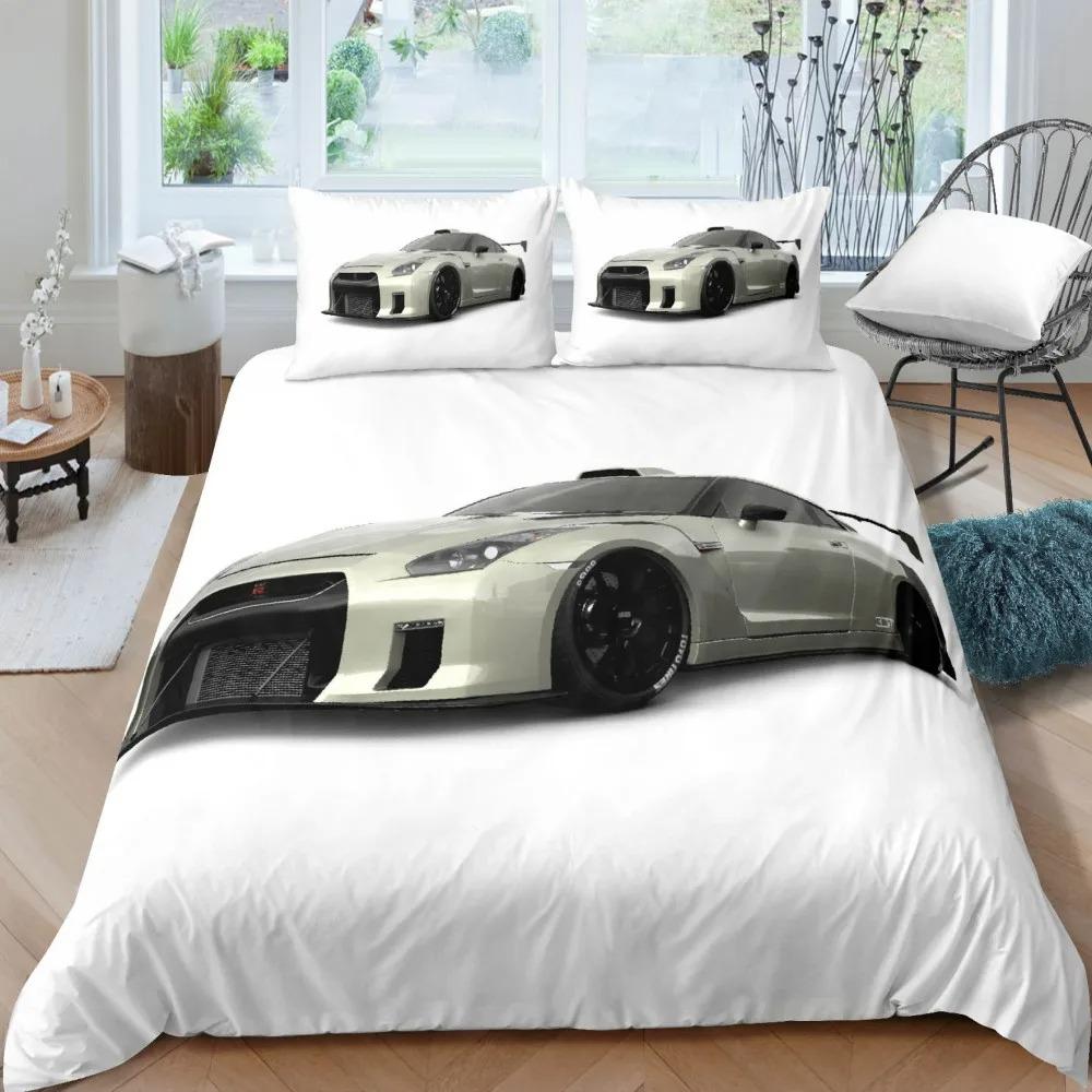 Luxurious Sports Car Bedding Set Black White Racing Bike Bed Linen Polyester Duvet Cover with Pillowcase for Teens Adults Decor