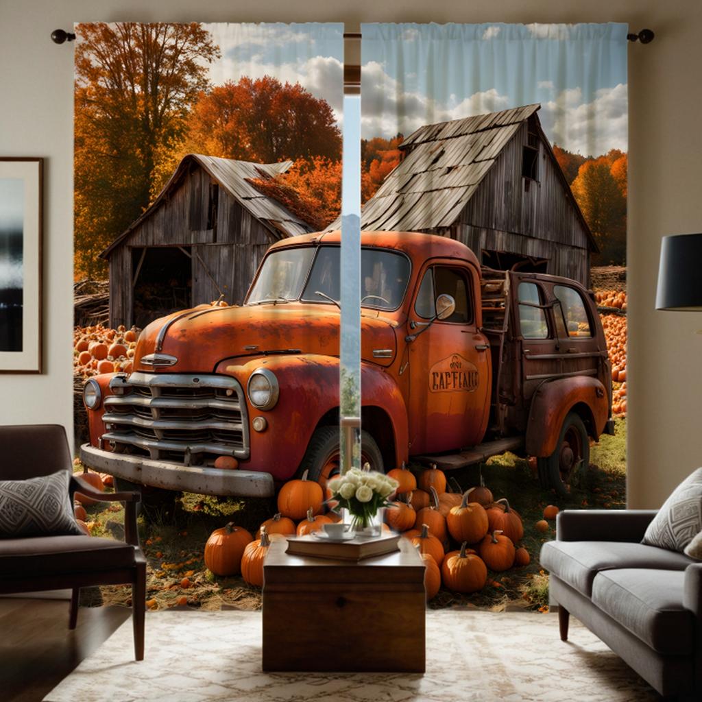 2pcs HD Thanksgiving Country Cottage Pumpkin Bus Curtain Yellow Tie Digital Printed Curtain Home Decor Style Decorate Living