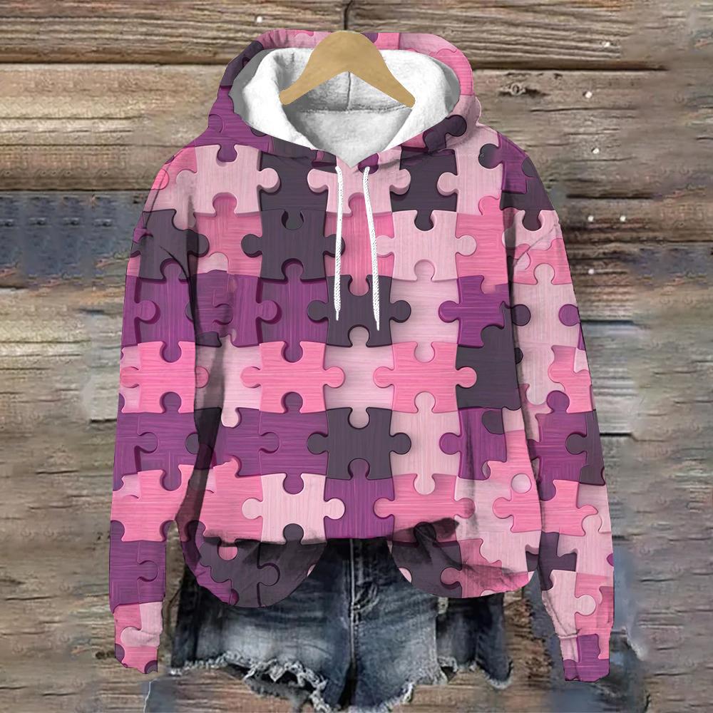 

Смішний візерунок пазла Худі жіночий дизайнерський пуловер без кишень Осінній модний одяг Y2K Повсякденна вільна жіноча толстовка M