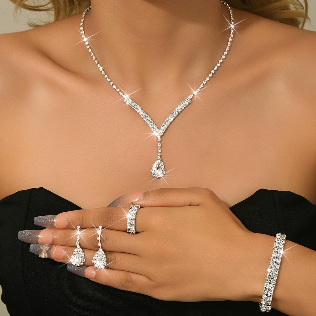Bridal Wedding Accessories Necklace Bracelet Earrings Ring Set Chain Women'S Four-Piece Rhinestone Wedding Dress Accessories