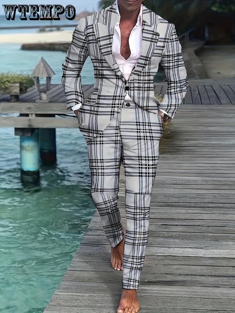 Costum în carouri pentru bărbați, 2 buc, mărime Plus - Jachetă blazer cu un buton cu revere crestate și set de pantaloni de costum-Pentru afaceri și ținute zilnice, potrivite pentru ocazii formale