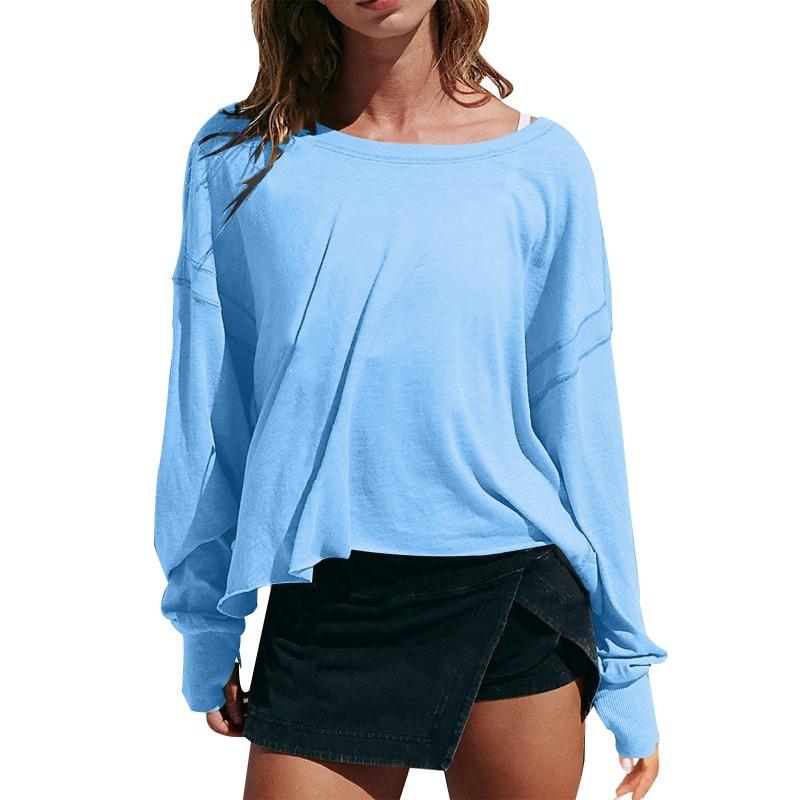 Women's Loose Long Sleeved Backless Women's Top Age Reducing Hollow Out Short Round Neck Women's T-shirt