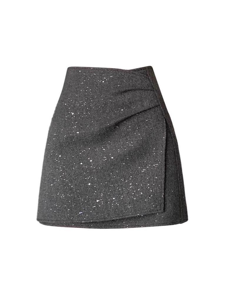 Black Sequined Woolen High-Waisted A-Line Skirt for Autumn/Winter - Slimming, Hip-Hugging, Irregular Hem, with Anti-Exposure Design.