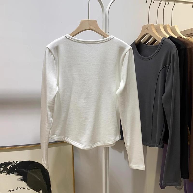 Solid color German velvet long-sleeved T-shirt women's winter double-sided polished warm slim-fit short fish bone top