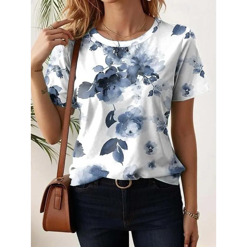 Flower Print Short Sleeve Fashion Versatile Top Comfortable T-Shirts Women’s