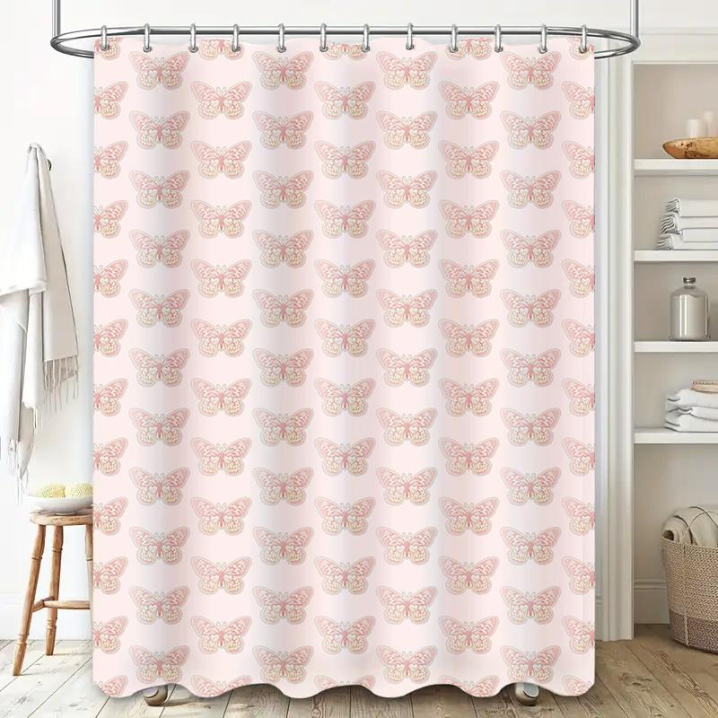 Pink Butterfly Shower Curtain Decorative Waterproof Fabric for Bathroom Pink White Floral Pattern Wall Hanging Home Decor (Size: