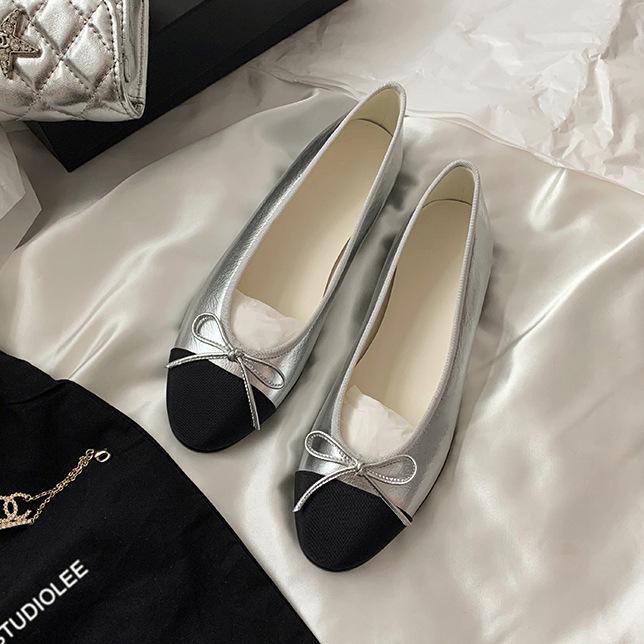 Flat bottomed single shoe women's shallow mouth round toe French bow color blocked ballet women's shoes