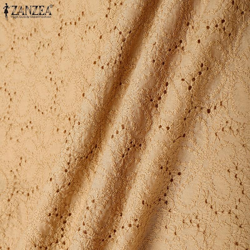 ZANZEA Women Elegant Puff Sleeve Front Lace Crochet Patchwork Casual Tunic Dress