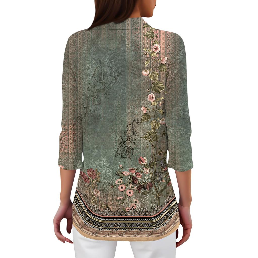 Women's Fashionable Casual Lapel T-Shirt With Retro Floral Print Seven Quarter Sleeve Top