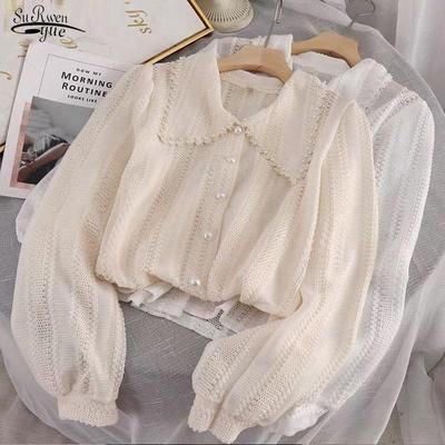 Spring Elegant Lace Blouses Women Hollow Out Peter Pan Collar Tops Fashion Office Ladies Long Sleeve Women Shirt 14562
