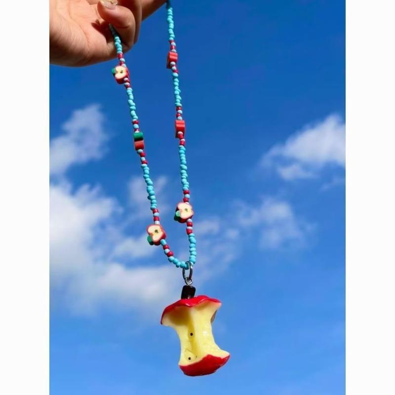 

Summer Dopamine Apple Core Beaded Color Necklace Women s 2026 Spring and Summer New Spice Girl Versatile Clavicle Chain Pendant