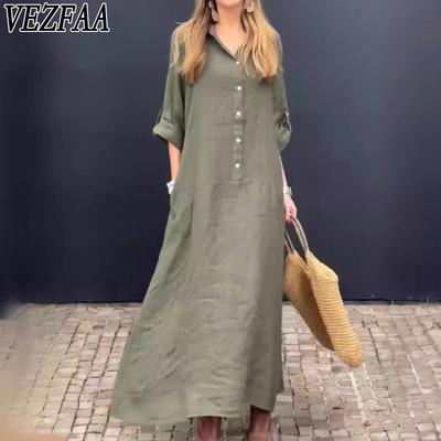 Women's Fashion Spring Fall Solid Color Print 3/4 Sleeves POLO Neck Loose Waistline Casual Dresses
