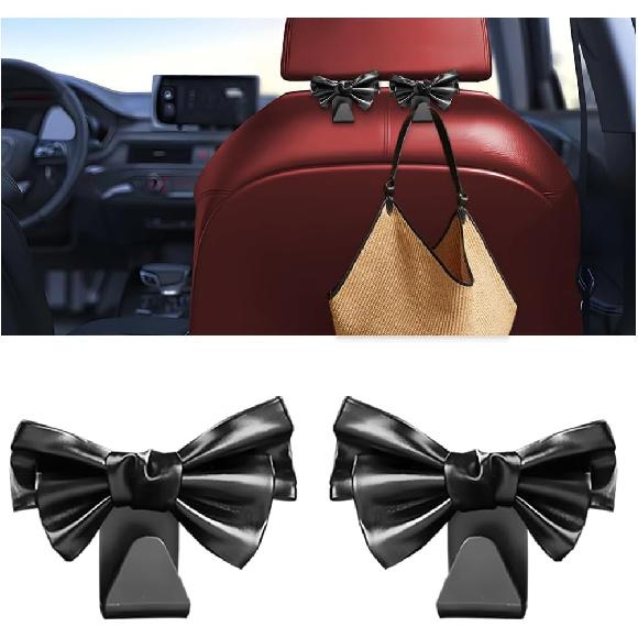 Car Purse Hooks, 2PCS Cute Bow Vehicle Seat Headrest Hanger for Bags, Space Saving Automotive Back Seat Storage Hanging Holder Decor Accessories,