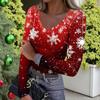 Women's Winter Slim-Fit Base Layer T-Shirt Fashionable Christmas Print V-Neck Pullover Long-Sleeved Top