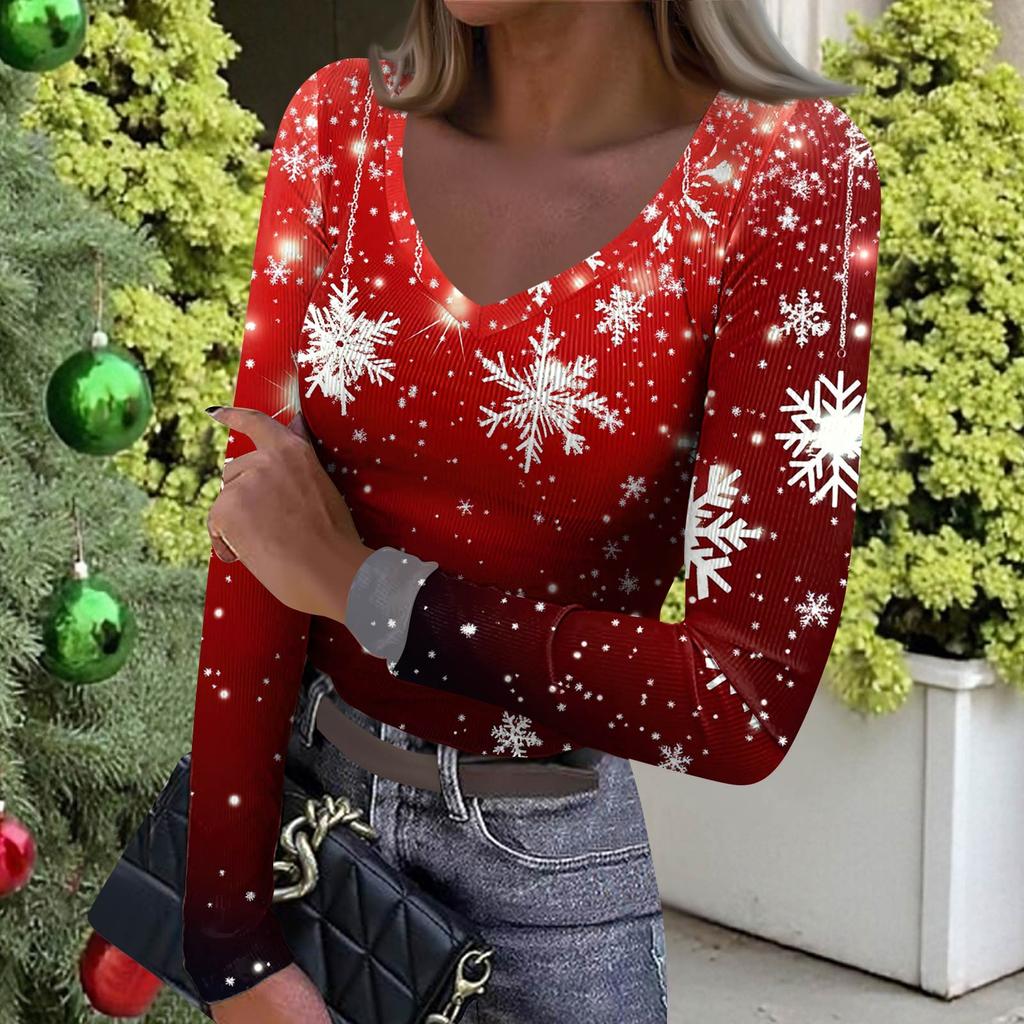 Women's Winter Slim-Fit Base Layer T-Shirt Fashionable Christmas Print V-Neck Pullover Long-Sleeved Top